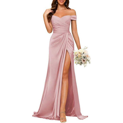 Long Satin Bridesmaid Dress – Off-the-Shoulder Neckline & High-Leg Split
