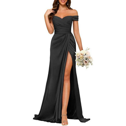 Long Satin Bridesmaid Dress – Off-the-Shoulder Neckline & High-Leg Split