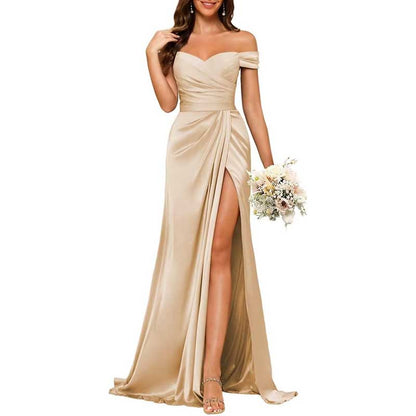 Long Satin Bridesmaid Dress – Off-the-Shoulder Neckline & High-Leg Split