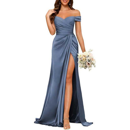 Long Satin Bridesmaid Dress – Off-the-Shoulder Neckline & High-Leg Split