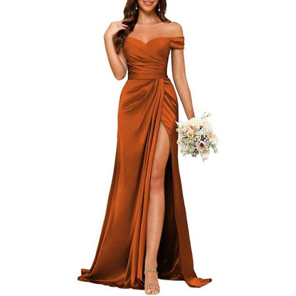 Long Satin Bridesmaid Dress – Off-the-Shoulder Neckline & High-Leg Split