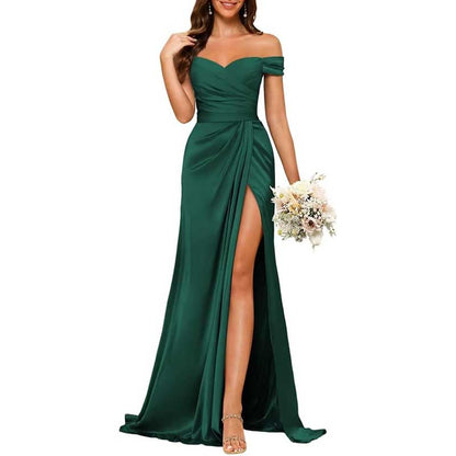 Long Satin Bridesmaid Dress – Off-the-Shoulder Neckline & High-Leg Split