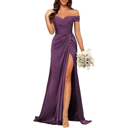 Long Satin Bridesmaid Dress – Off-the-Shoulder Neckline & High-Leg Split