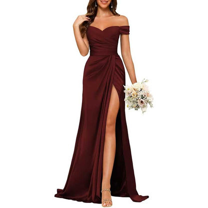 Long Satin Bridesmaid Dress – Off-the-Shoulder Neckline & High-Leg Split
