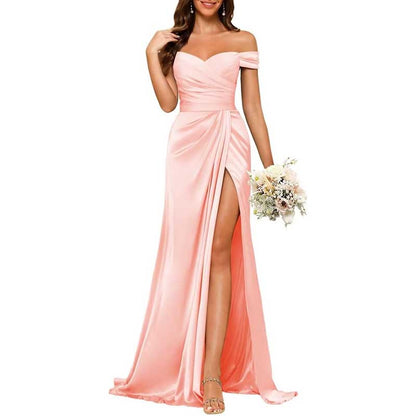 Long Satin Bridesmaid Dress – Off-the-Shoulder Neckline & High-Leg Split