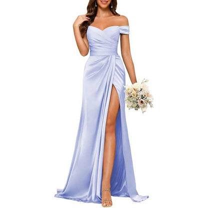 Long Satin Bridesmaid Dress – Off-the-Shoulder Neckline & High-Leg Split