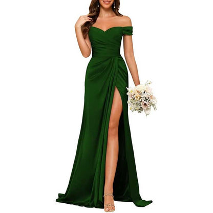 Long Satin Bridesmaid Dress – Off-the-Shoulder Neckline & High-Leg Split