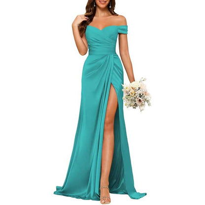Long Satin Bridesmaid Dress – Off-the-Shoulder Neckline & High-Leg Split