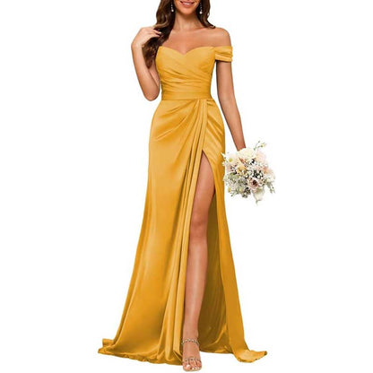 Long Satin Bridesmaid Dress – Off-the-Shoulder Neckline & High-Leg Split