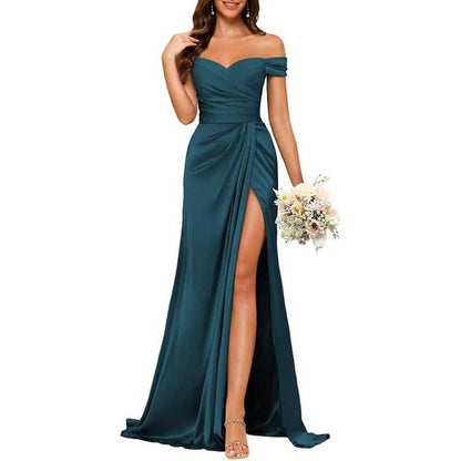 Long Satin Bridesmaid Dress – Off-the-Shoulder Neckline & High-Leg Split