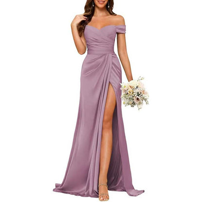 Long Satin Bridesmaid Dress – Off-the-Shoulder Neckline & High-Leg Split
