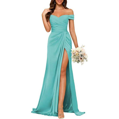 Long Satin Bridesmaid Dress – Off-the-Shoulder Neckline & High-Leg Split