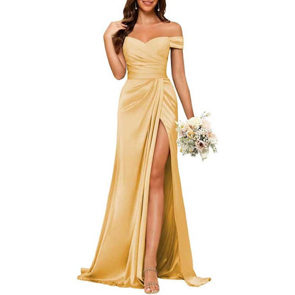 Long Satin Bridesmaid Dress – Off-the-Shoulder Neckline & High-Leg Split