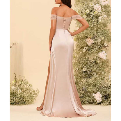 Long Satin Bridesmaid Dress – Off-the-Shoulder Neckline & High-Leg Split