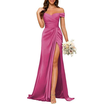 Long Satin Bridesmaid Dress – Off-the-Shoulder Neckline & High-Leg Split