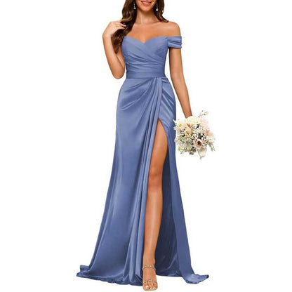 Long Satin Bridesmaid Dress – Off-the-Shoulder Neckline & High-Leg Split