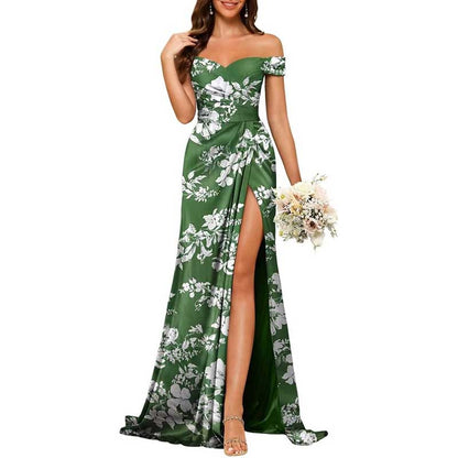 Long Satin Bridesmaid Dress – Off-the-Shoulder Neckline & High-Leg Split