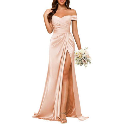 Long Satin Bridesmaid Dress – Off-the-Shoulder Neckline & High-Leg Split