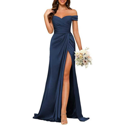 Long Satin Bridesmaid Dress – Off-the-Shoulder Neckline & High-Leg Split