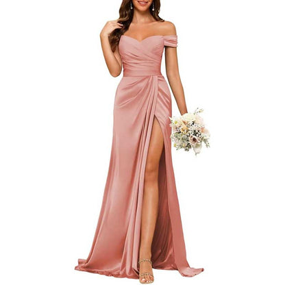 Long Satin Bridesmaid Dress – Off-the-Shoulder Neckline & High-Leg Split