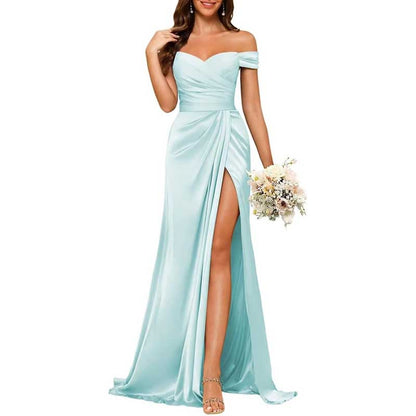 Long Satin Bridesmaid Dress – Off-the-Shoulder Neckline & High-Leg Split