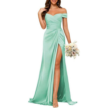 Long Satin Bridesmaid Dress – Off-the-Shoulder Neckline & High-Leg Split