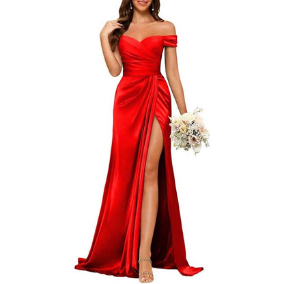 Long Satin Bridesmaid Dress – Off-the-Shoulder Neckline & High-Leg Split
