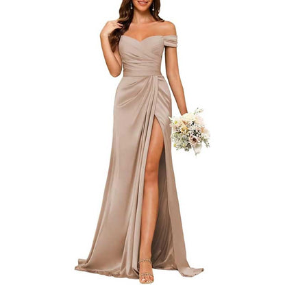 Long Satin Bridesmaid Dress – Off-the-Shoulder Neckline & High-Leg Split