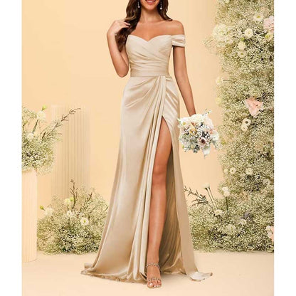 Long Satin Bridesmaid Dress – Off-the-Shoulder Neckline & High-Leg Split