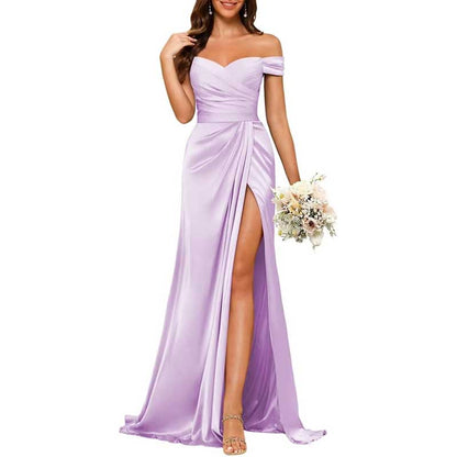 Long Satin Bridesmaid Dress – Off-the-Shoulder Neckline & High-Leg Split