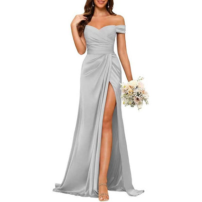 Long Satin Bridesmaid Dress – Off-the-Shoulder Neckline & High-Leg Split