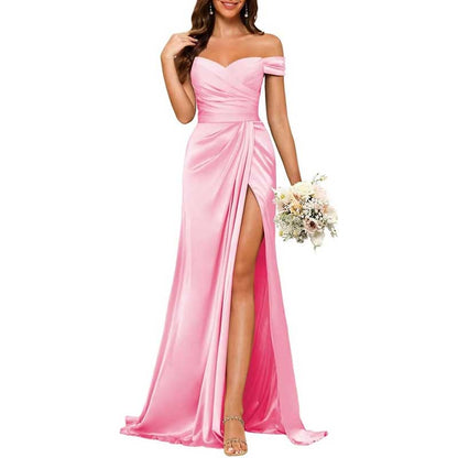Long Satin Bridesmaid Dress – Off-the-Shoulder Neckline & High-Leg Split