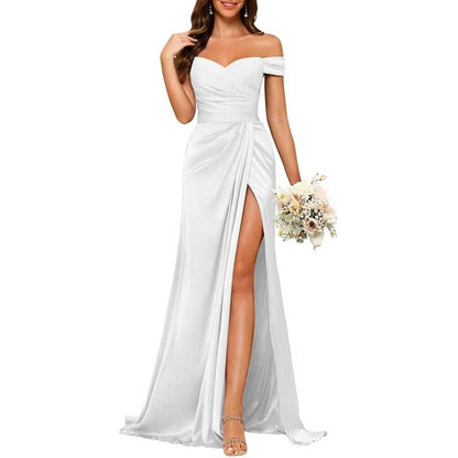Long Satin Bridesmaid Dress – Off-the-Shoulder Neckline & High-Leg Split