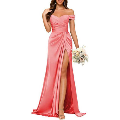 Long Satin Bridesmaid Dress – Off-the-Shoulder Neckline & High-Leg Split