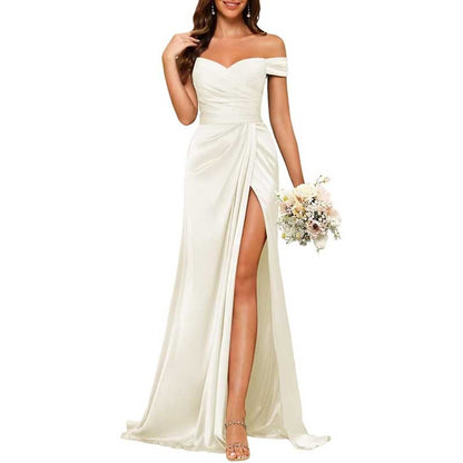 Long Satin Bridesmaid Dress – Off-the-Shoulder Neckline & High-Leg Split