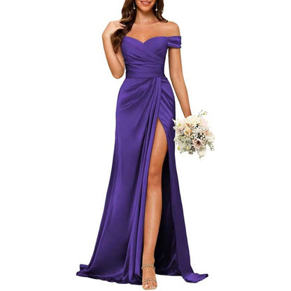 Long Satin Bridesmaid Dress – Off-the-Shoulder Neckline & High-Leg Split
