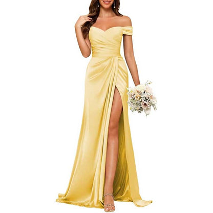 Long Satin Bridesmaid Dress – Off-the-Shoulder Neckline & High-Leg Split