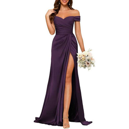 Long Satin Bridesmaid Dress – Off-the-Shoulder Neckline & High-Leg Split