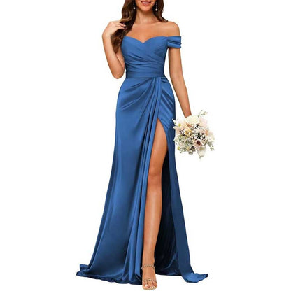 Long Satin Bridesmaid Dress – Off-the-Shoulder Neckline & High-Leg Split