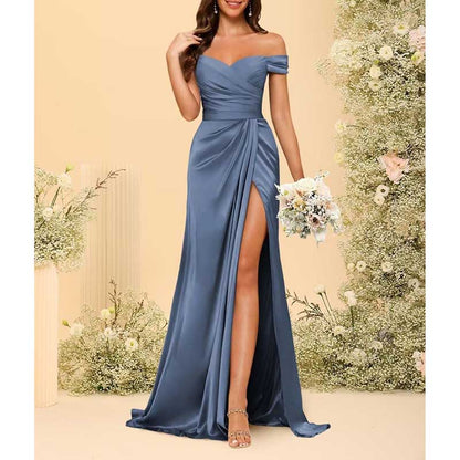 Long Satin Bridesmaid Dress – Off-the-Shoulder Neckline & High-Leg Split