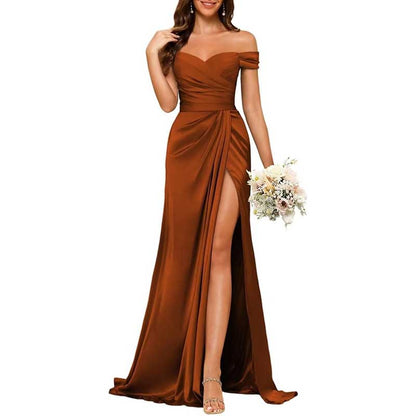 Long Satin Bridesmaid Dress – Off-the-Shoulder Neckline & High-Leg Split