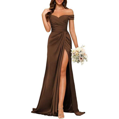 Long Satin Bridesmaid Dress – Off-the-Shoulder Neckline & High-Leg Split