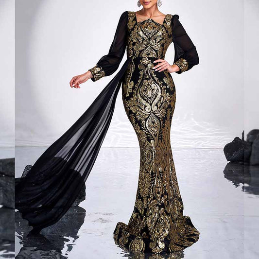 Long Sequin Prom Black & Gold Embroidered Gown with Ribbon