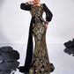 Long Sequin Prom Black & Gold Embroidered Gown with Ribbon