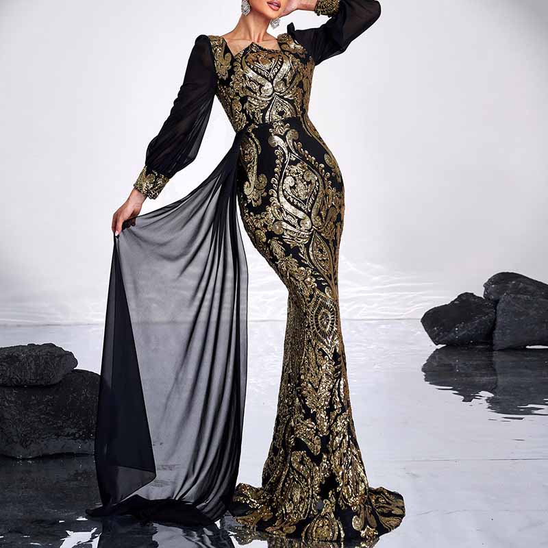 Long Sequin Prom Black & Gold Embroidered Gown with Ribbon