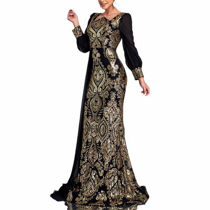 Long Sequin Prom Black & Gold Embroidered Gown with Ribbon