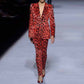 Long Sleeve Animal Print Suit Red Velvet Pantsuit Slim Fit Chic Suit