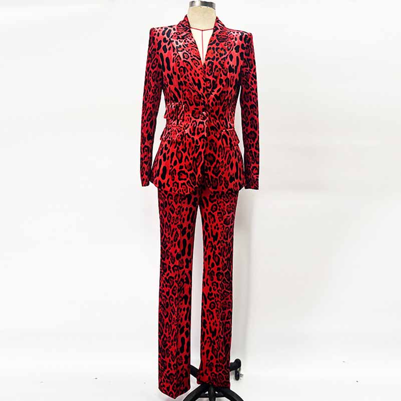 Long Sleeve Animal Print Suit Red Velvet Pantsuit Slim Fit Chic Suit