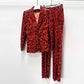 Long Sleeve Animal Print Suit Red Velvet Pantsuit Slim Fit Chic Suit