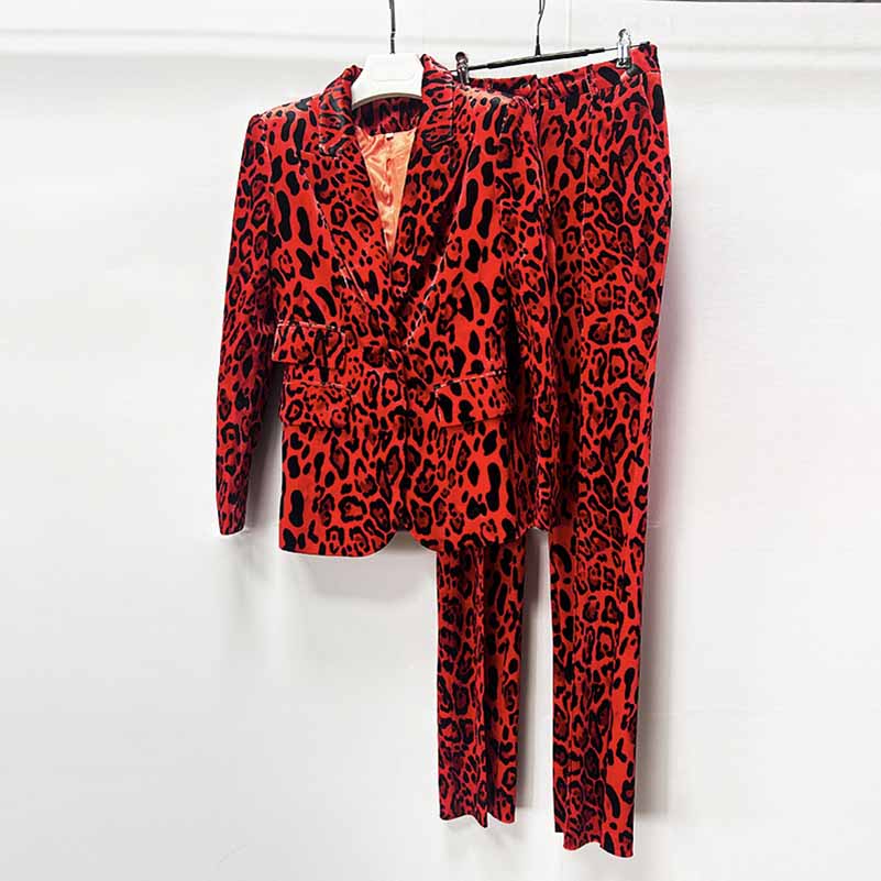 Long Sleeve Animal Print Suit Red Velvet Pantsuit Slim Fit Chic Suit